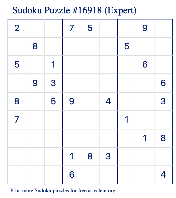 Free Printable Expert Sudoku Puzzle number 16918