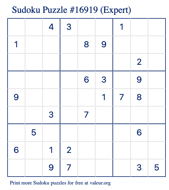 Free Printable Expert Sudoku Puzzle number 16919