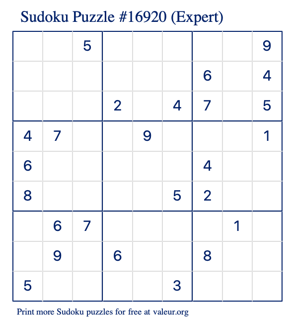 Free Printable Expert Sudoku Puzzle number 16920