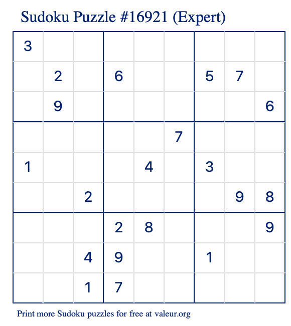 Free Printable Expert Sudoku Puzzle number 16921