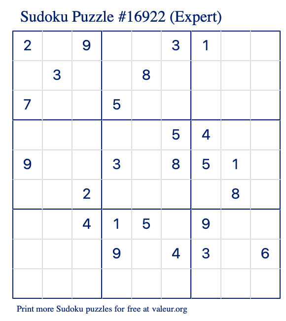 Free Printable Expert Sudoku Puzzle number 16922