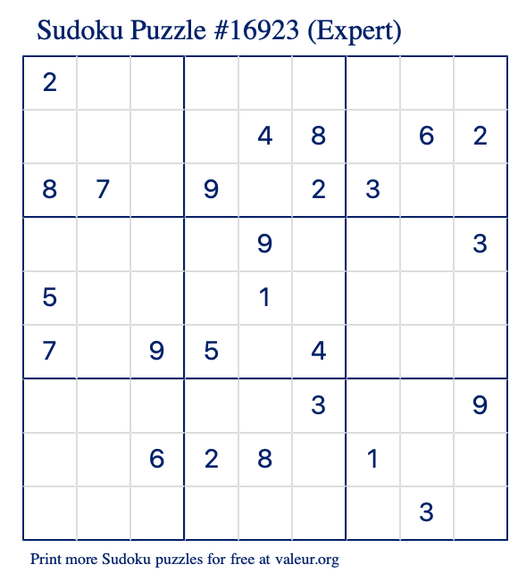 Free Printable Expert Sudoku Puzzle number 16923