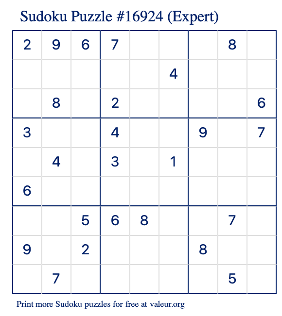 Free Printable Expert Sudoku Puzzle number 16924