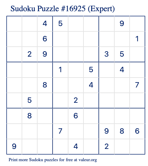 Free Printable Expert Sudoku Puzzle number 16925