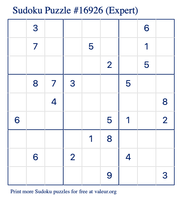 Free Printable Expert Sudoku Puzzle number 16926