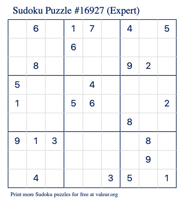 Free Printable Expert Sudoku Puzzle number 16927