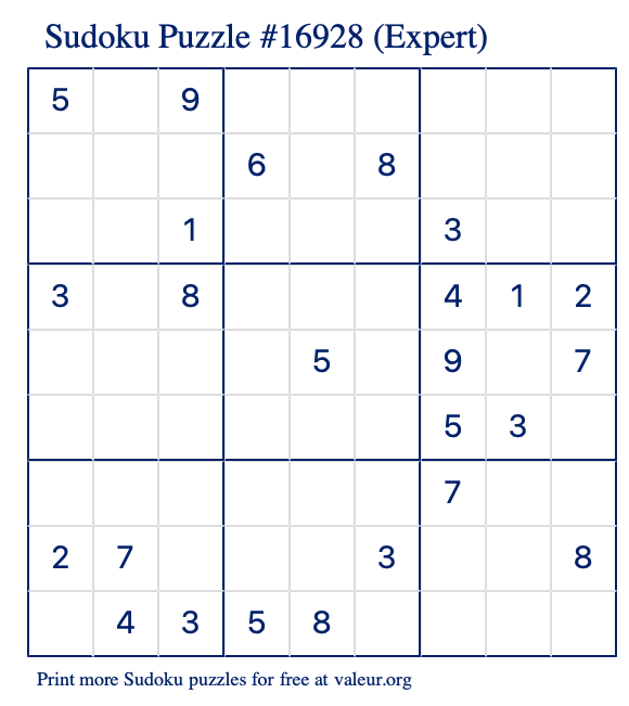 Free Printable Expert Sudoku Puzzle number 16928