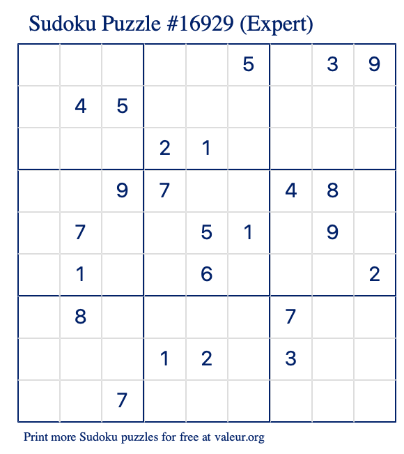 Free Printable Expert Sudoku Puzzle number 16929