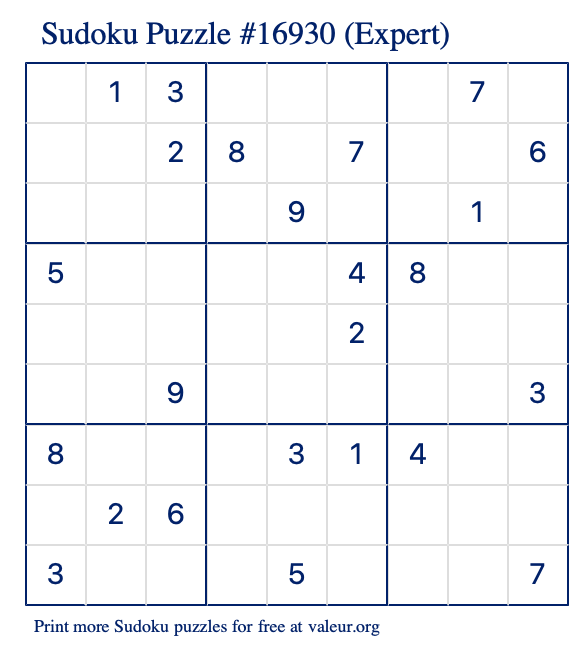 Free Printable Expert Sudoku Puzzle number 16930