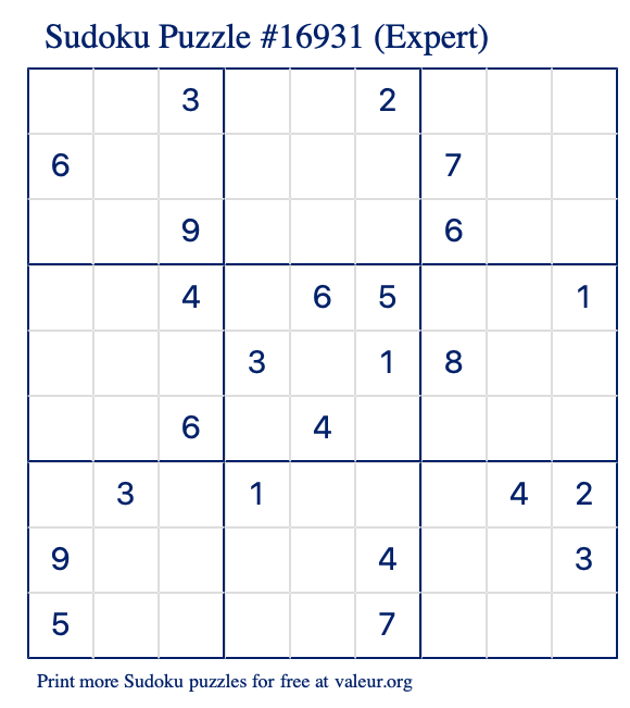 Free Printable Expert Sudoku Puzzle number 16931