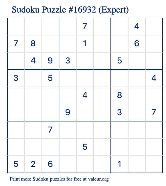 Free Printable Expert Sudoku Puzzle number 16932