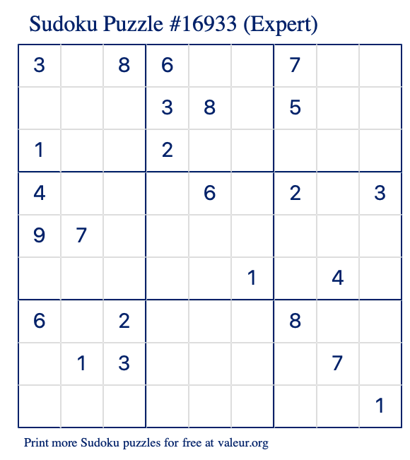 Free Printable Expert Sudoku Puzzle number 16933