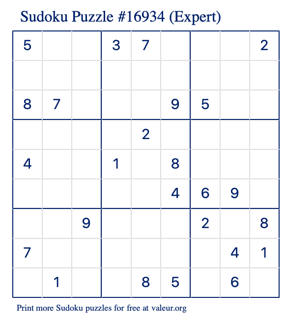 Free Printable Expert Sudoku Puzzle number 16934