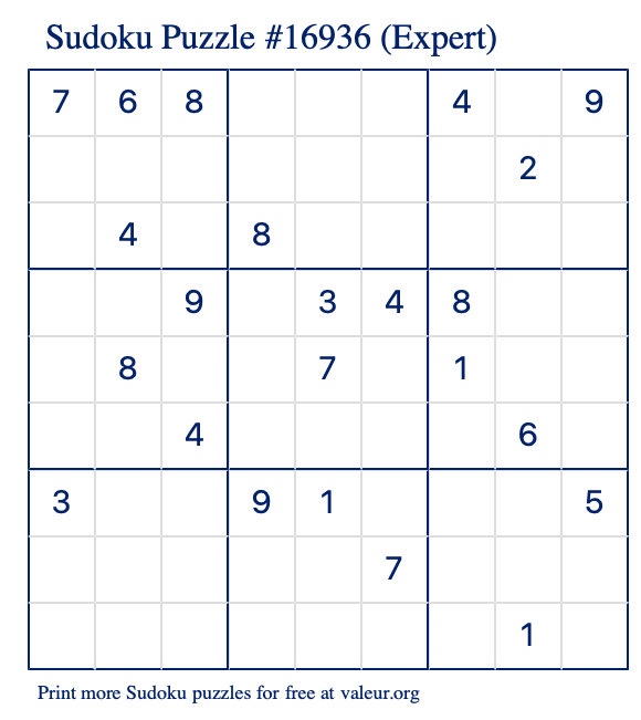 Free Printable Expert Sudoku Puzzle number 16936