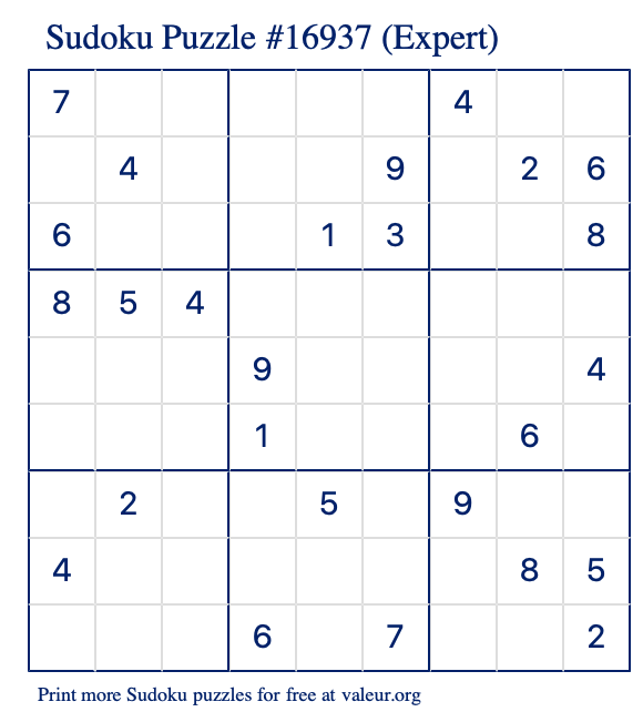Free Printable Expert Sudoku Puzzle number 16937