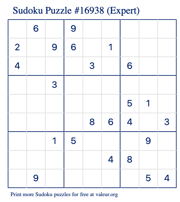 Free Printable Expert Sudoku Puzzle number 16938
