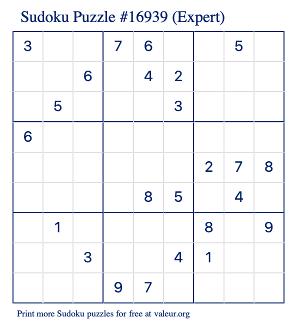 Free Printable Expert Sudoku Puzzle number 16939