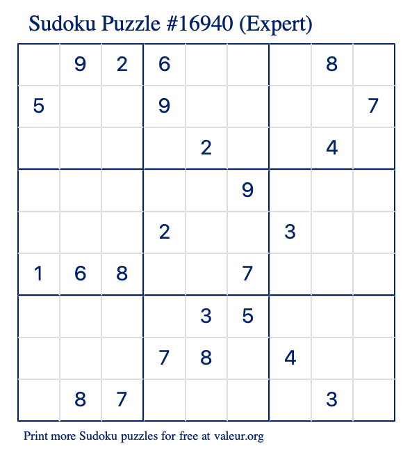 Free Printable Expert Sudoku Puzzle number 16940