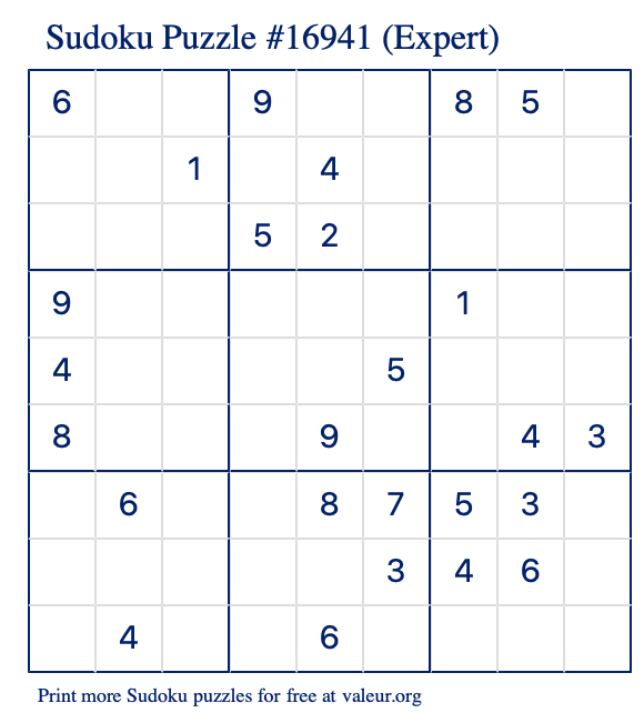 Free Printable Expert Sudoku Puzzle number 16941