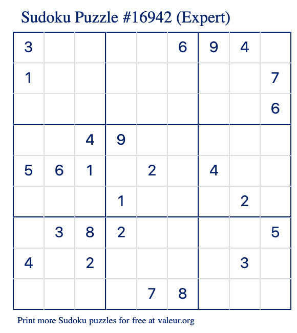 Free Printable Expert Sudoku Puzzle number 16942