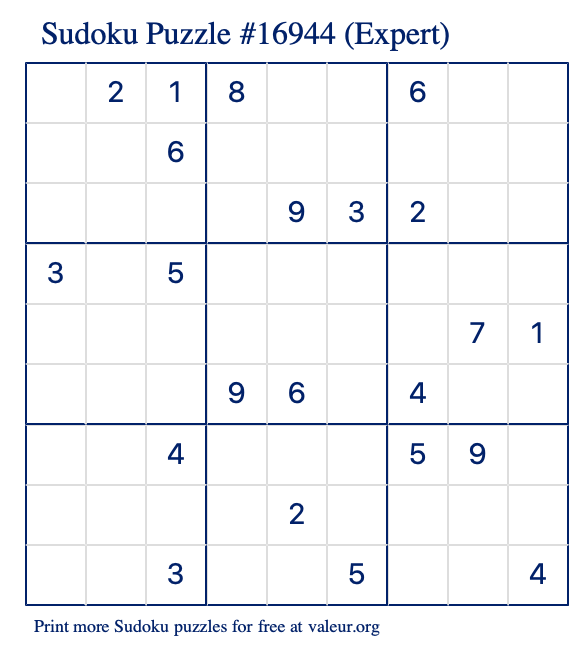 Free Printable Expert Sudoku Puzzle number 16944