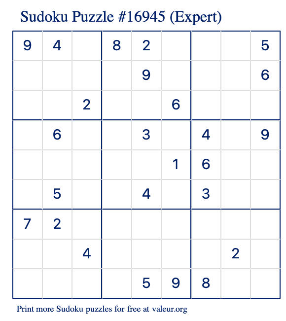 Free Printable Expert Sudoku Puzzle number 16945
