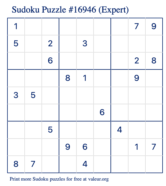 Free Printable Expert Sudoku Puzzle number 16946