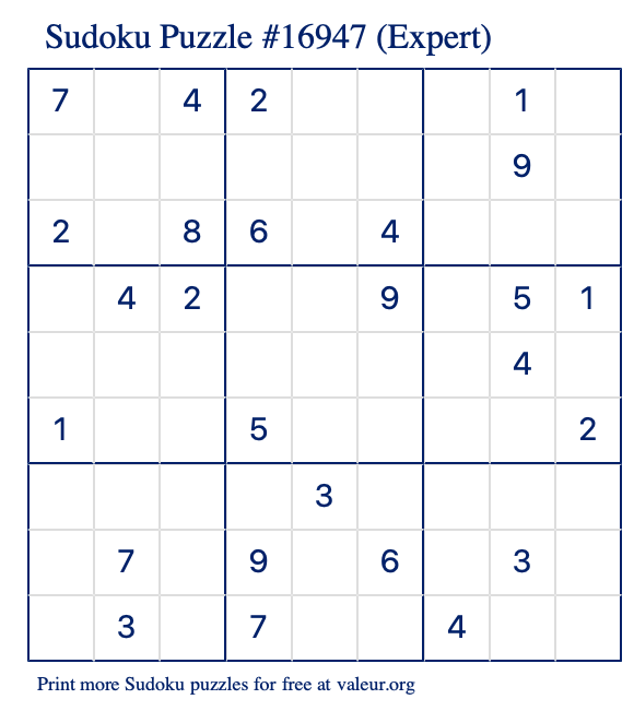 Free Printable Expert Sudoku Puzzle number 16947