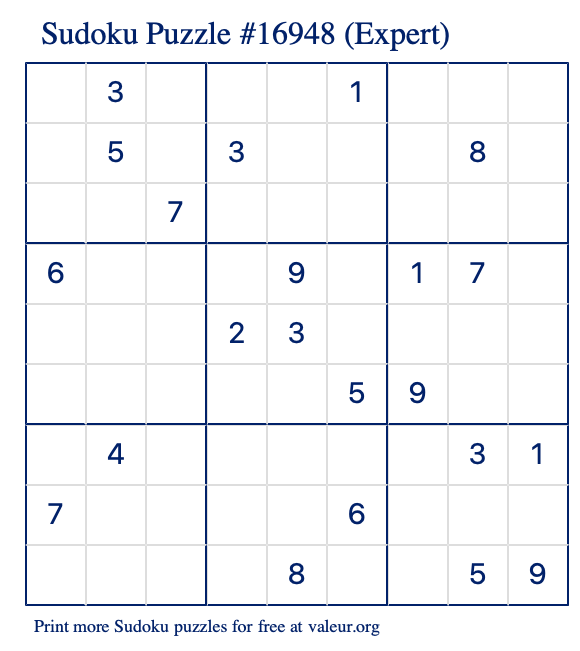 Free Printable Expert Sudoku Puzzle number 16948