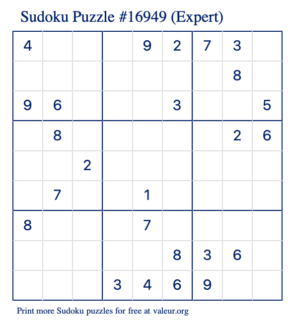 Free Printable Expert Sudoku Puzzle number 16949