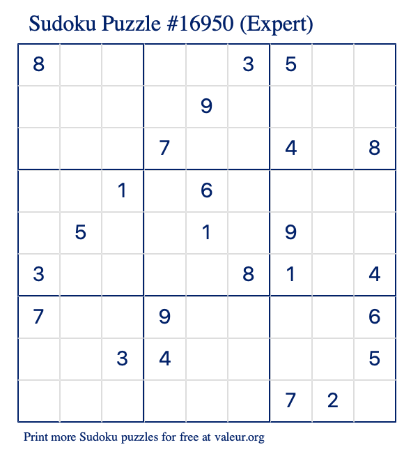 Free Printable Expert Sudoku Puzzle number 16950