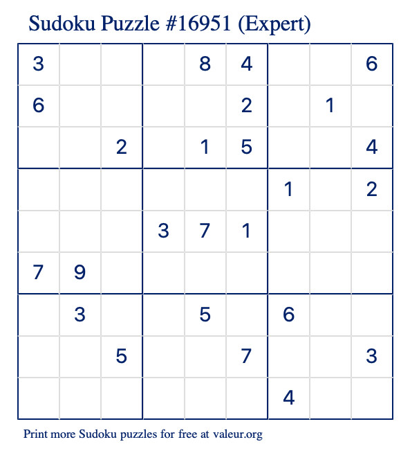 Free Printable Expert Sudoku Puzzle number 16951