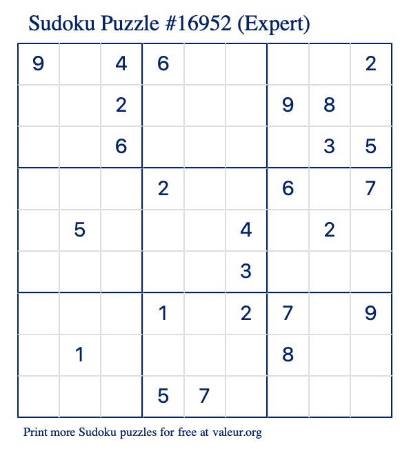 Free Printable Expert Sudoku Puzzle number 16952