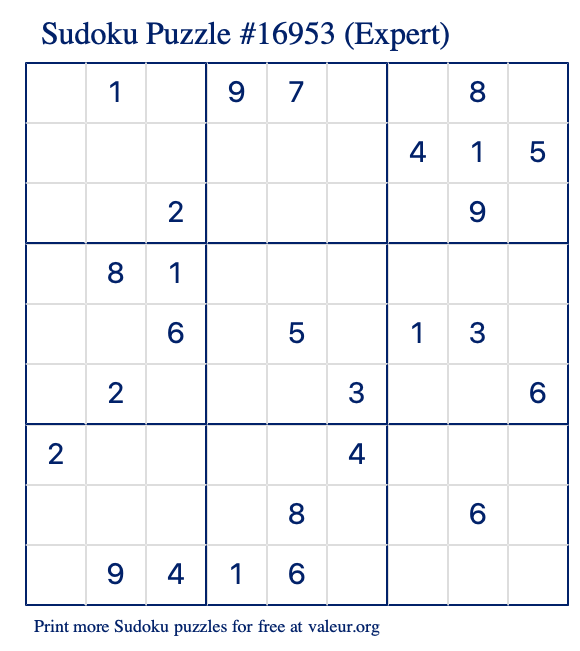 Free Printable Expert Sudoku Puzzle number 16953