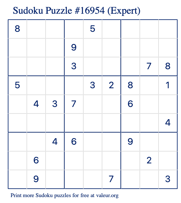 Free Printable Expert Sudoku Puzzle number 16954