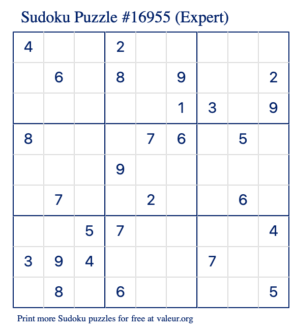 Free Printable Expert Sudoku Puzzle number 16955