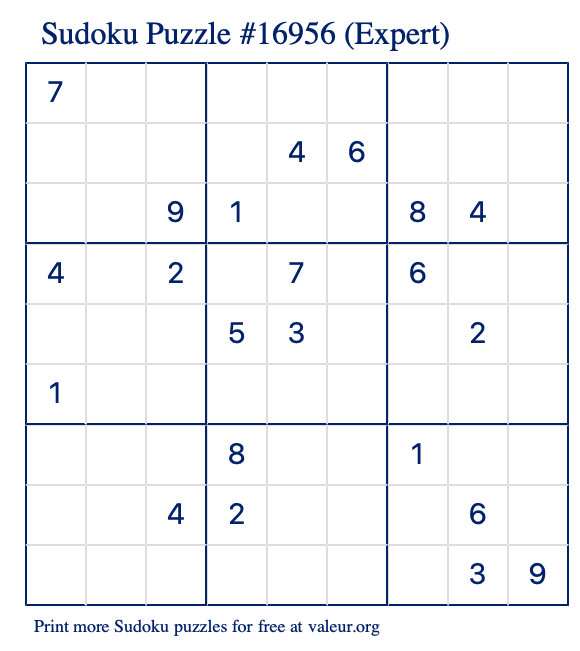 Free Printable Expert Sudoku Puzzle number 16956