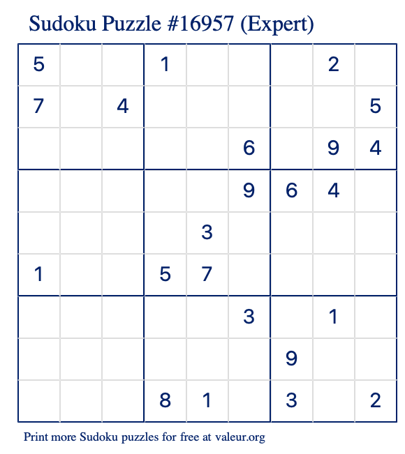 Free Printable Expert Sudoku Puzzle number 16957