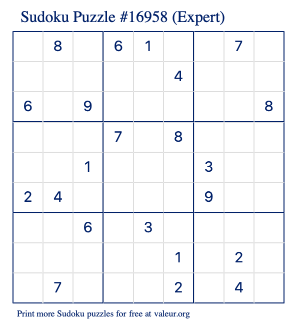 Free Printable Expert Sudoku Puzzle number 16958