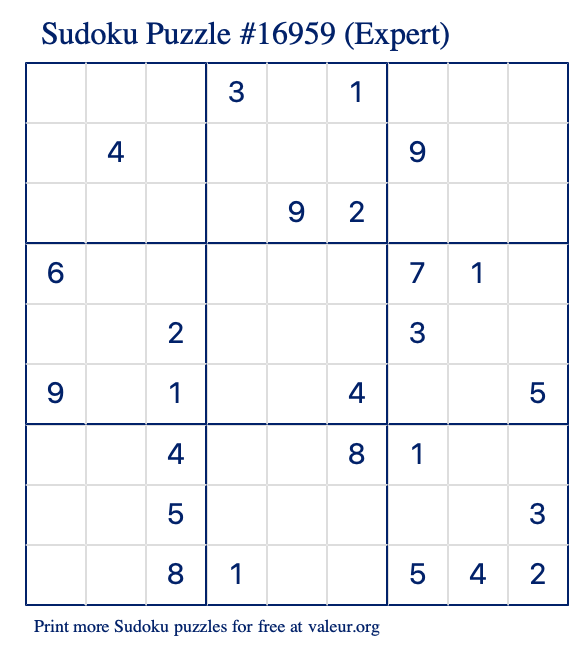 Free Printable Expert Sudoku Puzzle number 16959