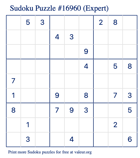 Free Printable Expert Sudoku Puzzle number 16960