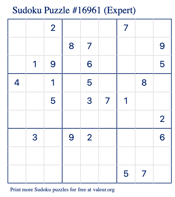 Free Printable Expert Sudoku Puzzle number 16961