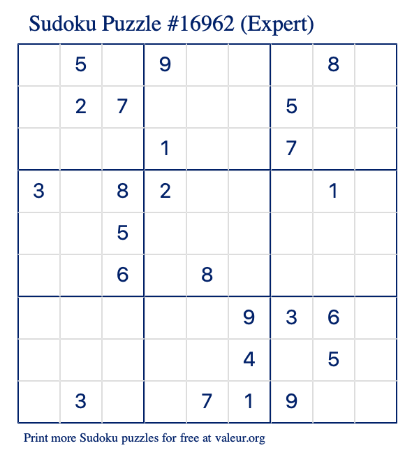 Free Printable Expert Sudoku Puzzle number 16962