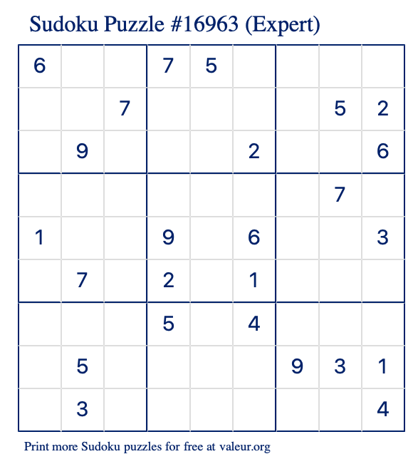 Free Printable Expert Sudoku Puzzle number 16963