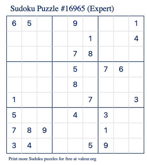 Free Printable Expert Sudoku Puzzle number 16965