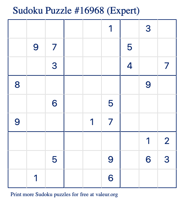 Free Printable Expert Sudoku Puzzle number 16968