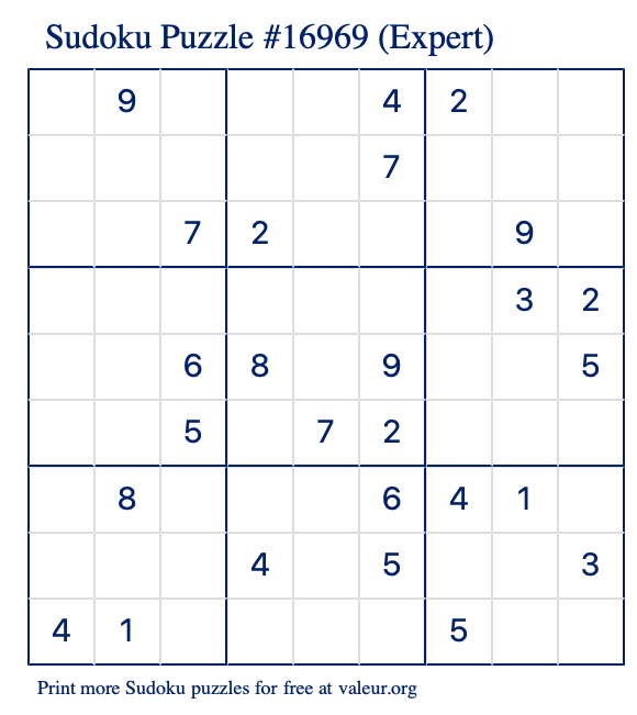 Free Printable Expert Sudoku Puzzle number 16969