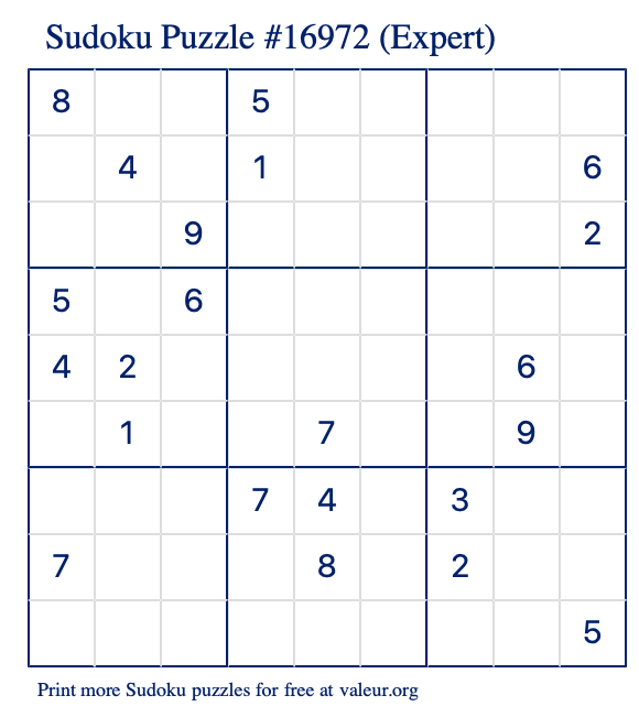 Free Printable Expert Sudoku Puzzle number 16972