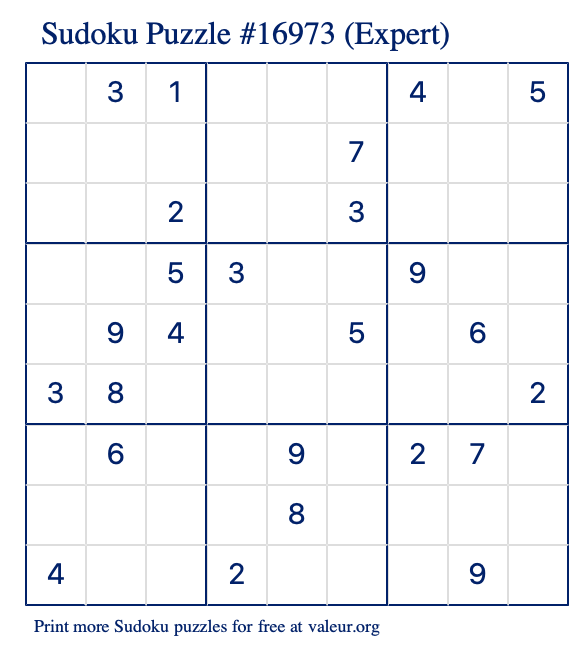 Free Printable Expert Sudoku Puzzle number 16973