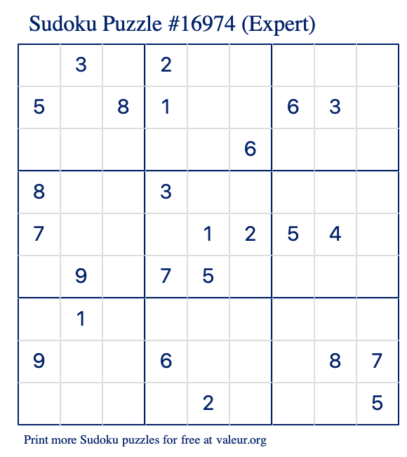 Free Printable Expert Sudoku Puzzle number 16974